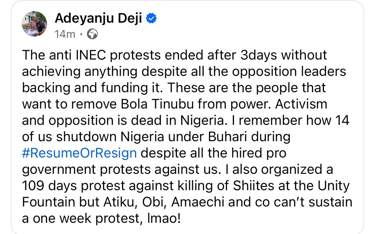 These are the people that want to remove Bola Tinubu from power - Deji Adeyanju mocks ADC leaders who staged anti INEC protests that âended after 3days without achieving anythingââ