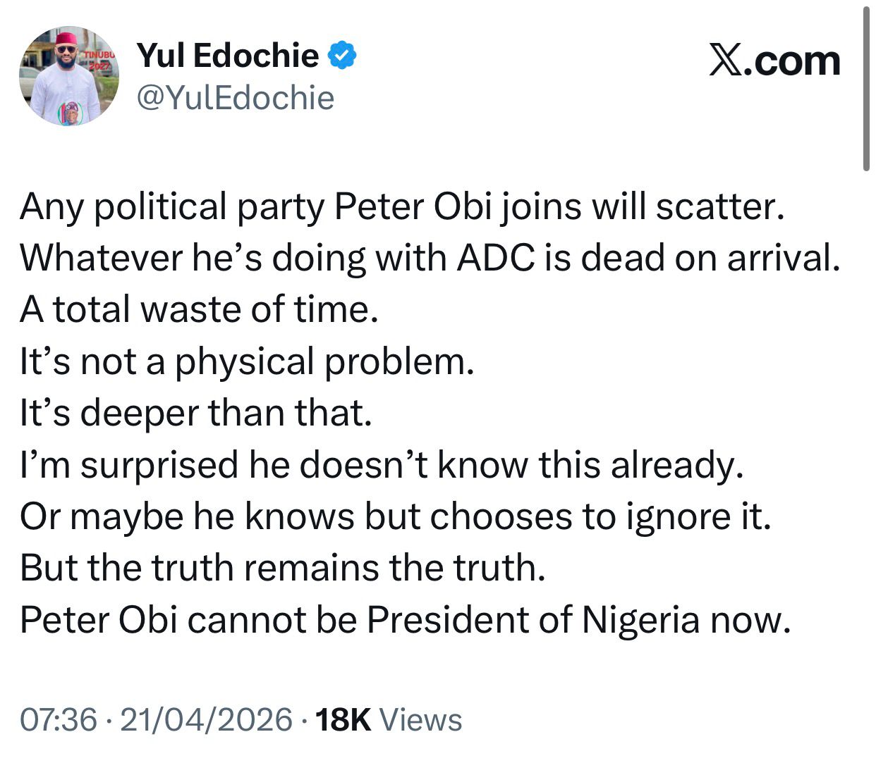 Peter Obi cannot be President of Nigeria now.- Yul Edochie