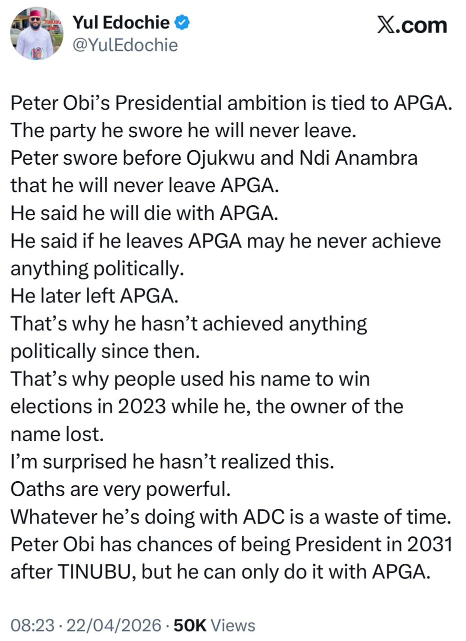 Yul Edochie states why he thinks Peter Obi hasn?t achieved anything politically in recent times