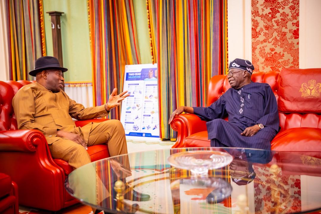 Former President Goodluck Jonathan Jonathan visits President Tinubu in the State House Abuja