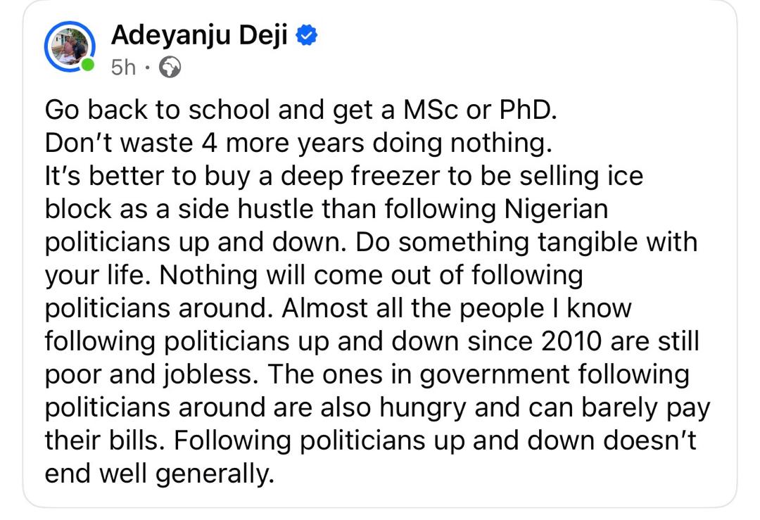 Itâs better to be selling ice block as a side hustle than following Nigerian politicians up and down - Activist, Deji Adeyanju chides aides of politicians
