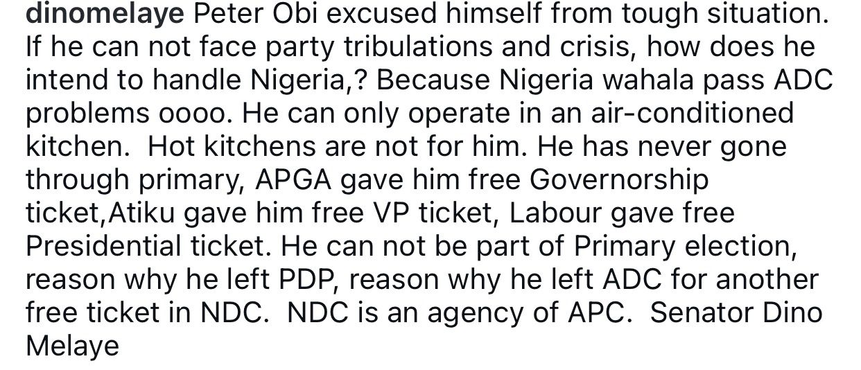 If he can not face party tribulations and crisis, how does he intend to handle Nigeria,?- Dino Melaye knocks Peter Obi for dumping ADC for NDC