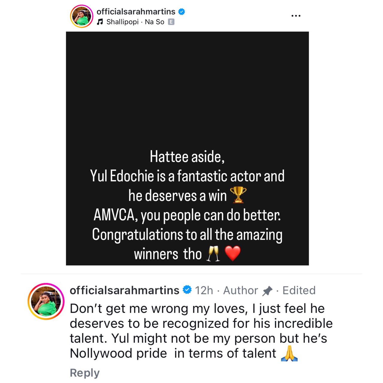 You people can do better - Actress, Sarah Martins chides AMVCA organizers for not giving Yul Edochie an award