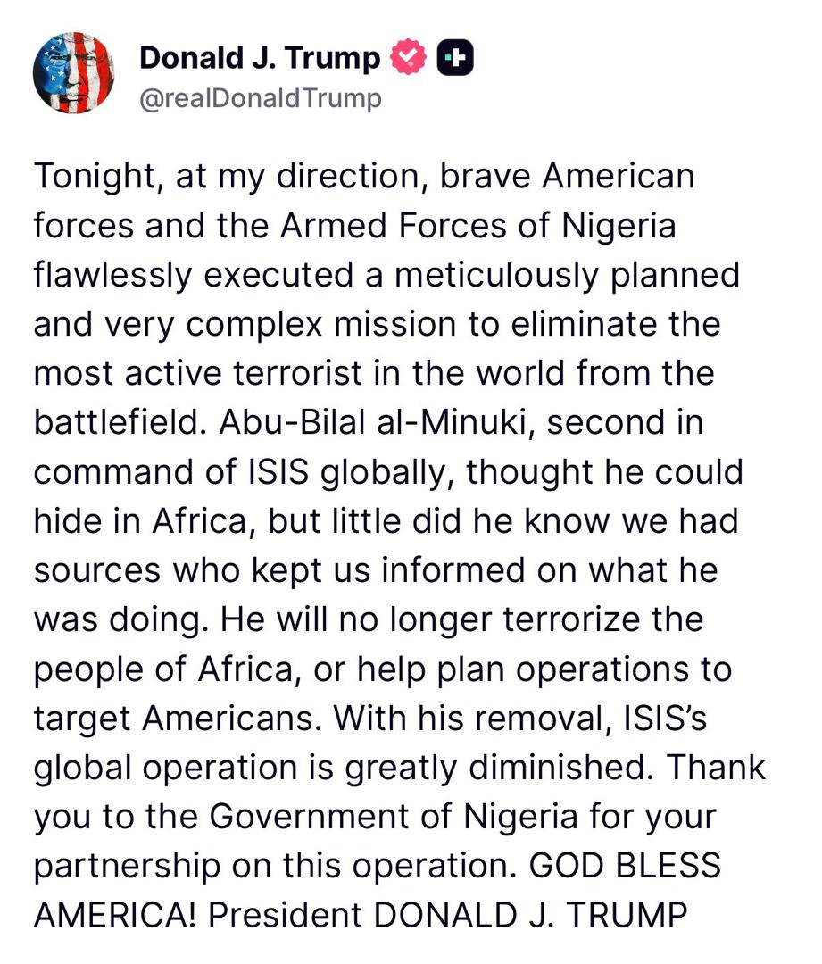 ISIS second-in-command k!lled by US, Nigerian troops - President Trump reveals