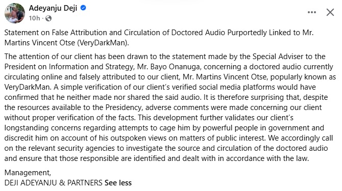 Lawyer, Deji Adeyanju, reacts to Presidential media aide, Bayo Onanuga, calling for legal action against VDM
