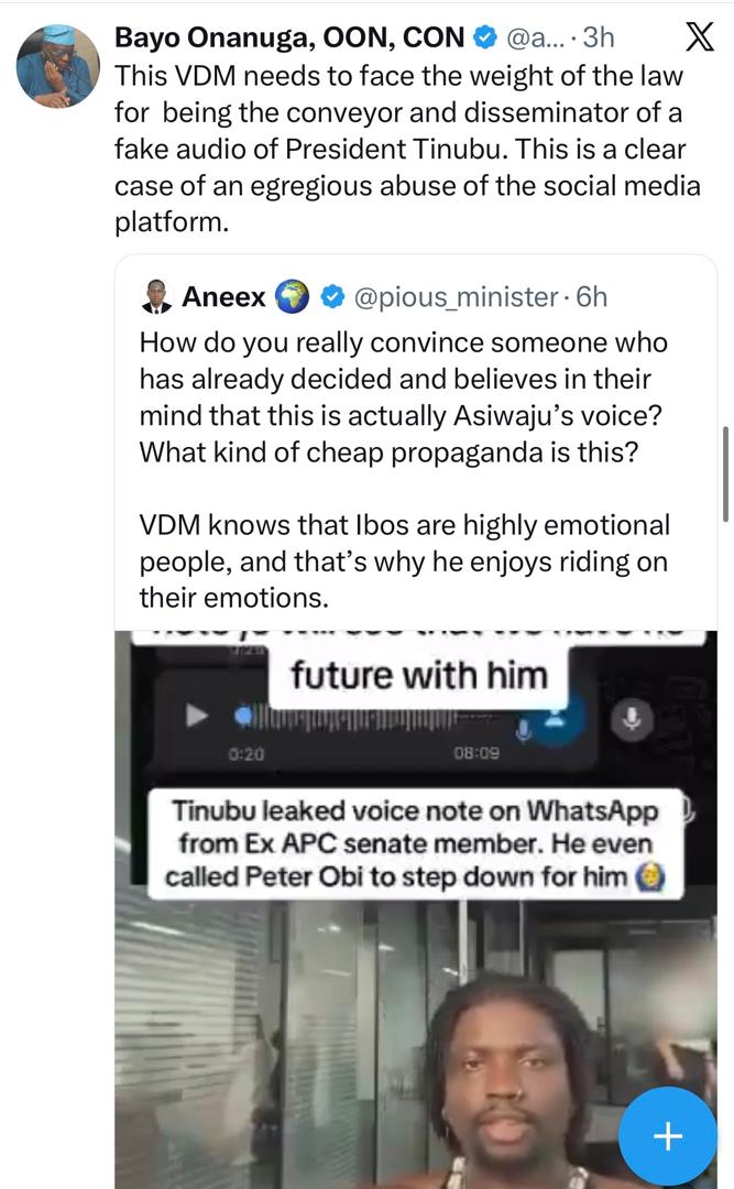 Lawyer, Deji Adeyanju, reacts to Presidential media aide, Bayo Onanuga, calling for legal action against VDM