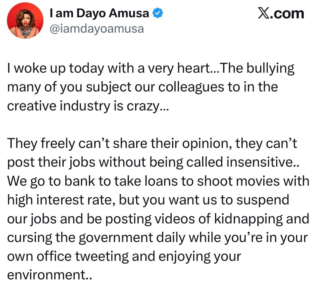 Insecurity: Actress Dayo Amusa trade words with X-users who cussed her out after she appealed to Nigerians to stop attacking her colleagues currently promoting their movies