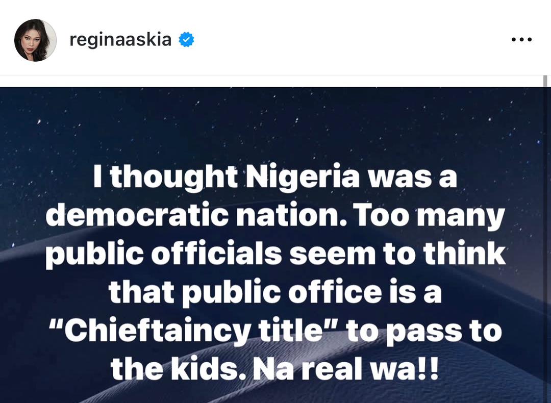 Public officials in Nigeria think that public office is a Chieftaincy title to pass to their kids - Actress, Regina Askia