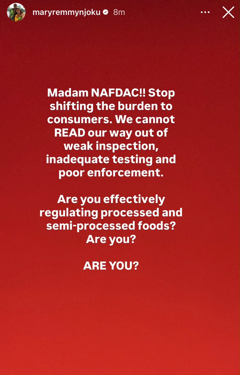 Stop deflecting and protest the people- actress Mary Remmy Njoku tackles NAFDAC boss who criticized Nigerians for always blaming agency for circulation of fake food products