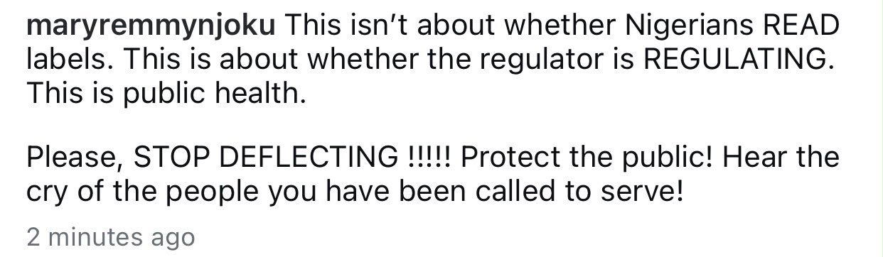 Stop deflecting and protest the people- actress Mary Remmy Njoku tackles NAFDAC boss who criticized Nigerians for always blaming agency for circulation of fake food products