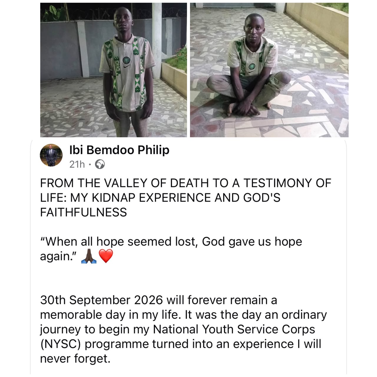 Corps member abducted in Edo state shares his harrowing experience in the kidnappers’ den