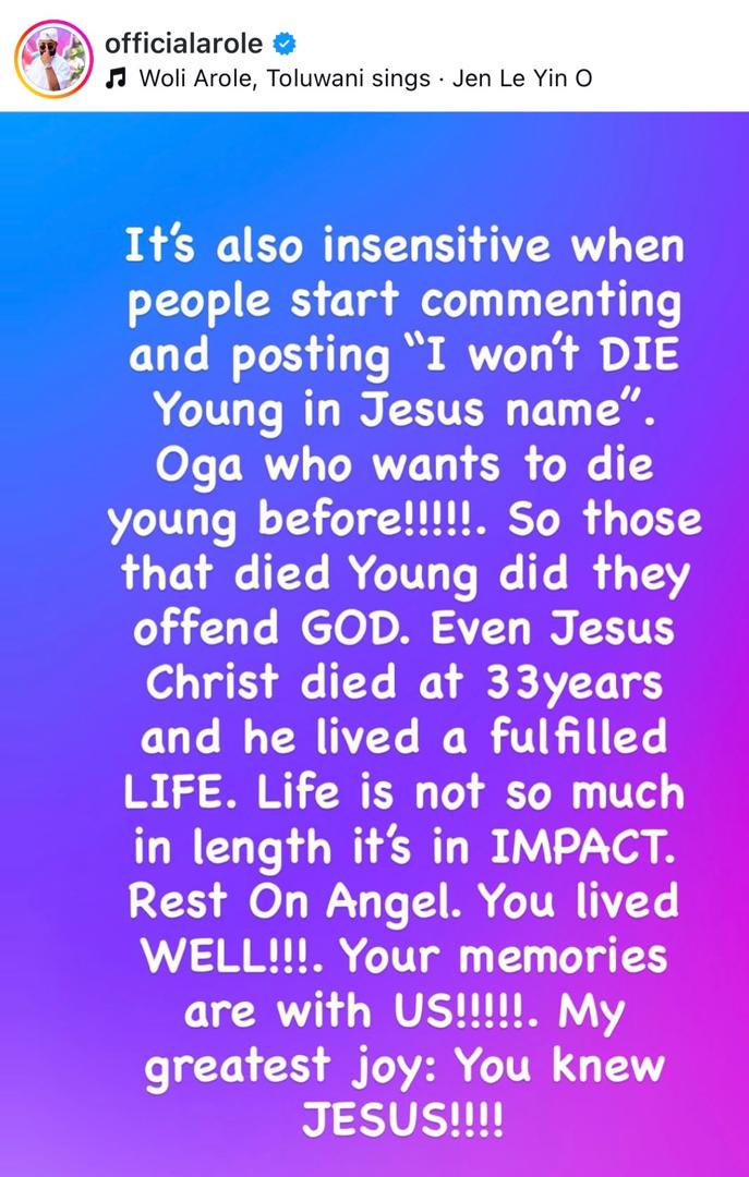 Woli Arole rebukes netizens leaving unflattering commenst following the sudden death of singer Toluwanisings