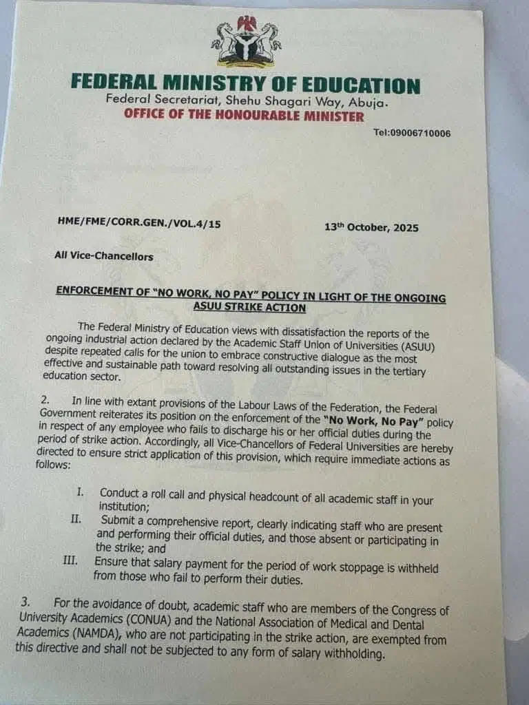 FG orders VCs to enforce ?no work, no pay? policy against striking lecturers participating in strike