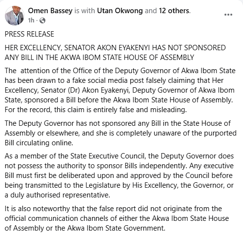 Akwa Ibom Deputy Governor denies sponsoring bill in the State House of Assembly 