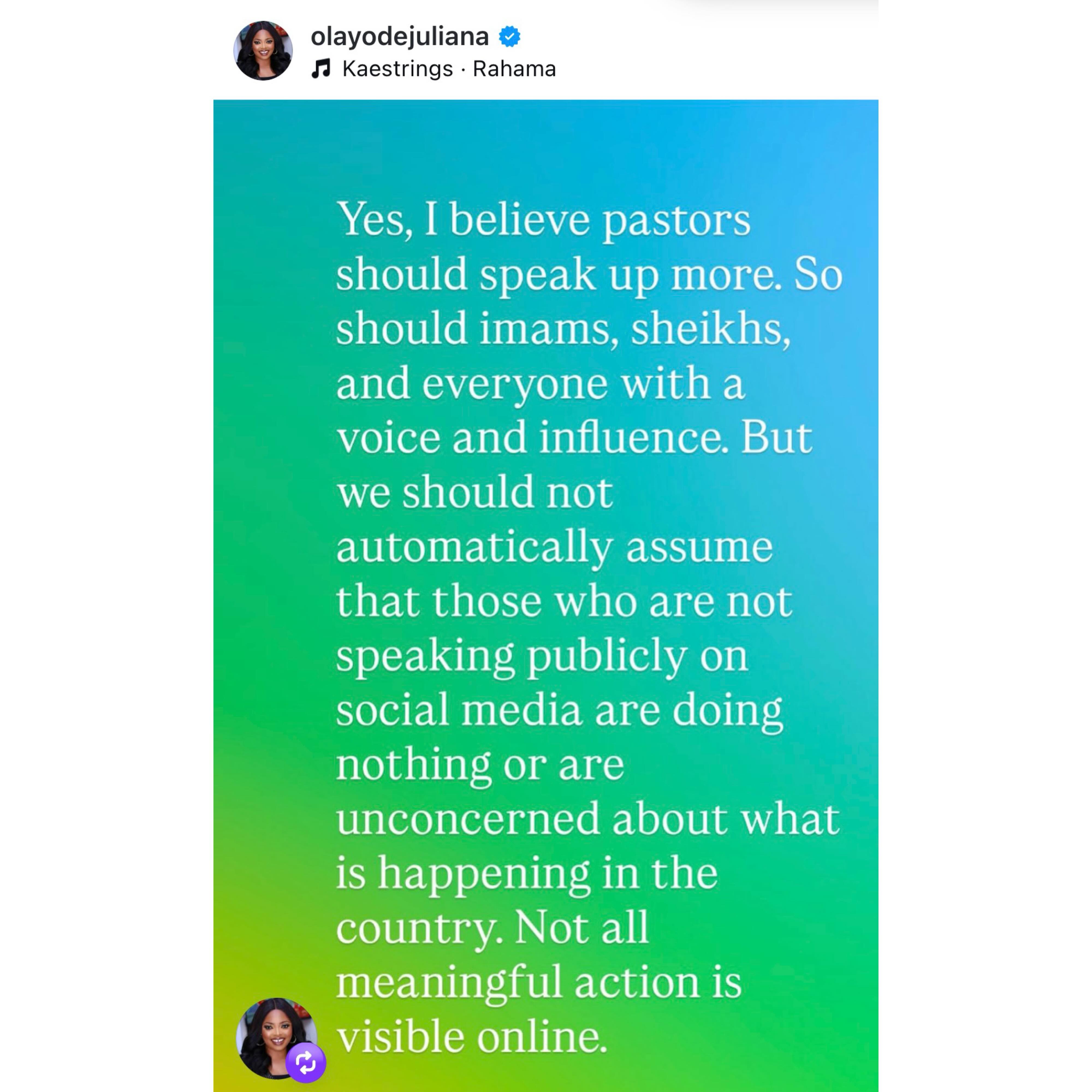 Insecurity: Pastors are not activists - Actress Juliana olayode knocks Spyro and others calling out Nigerian clergymen for not speaking up