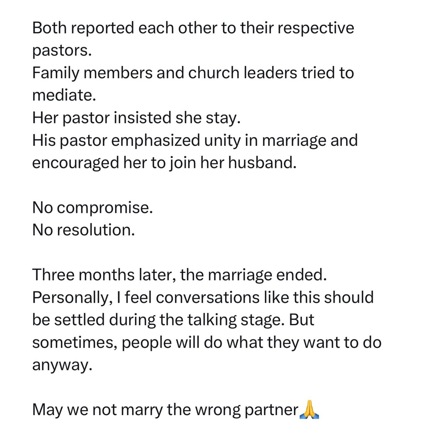 Couple go their separate ways three months after wedding over decision on whose church to attend