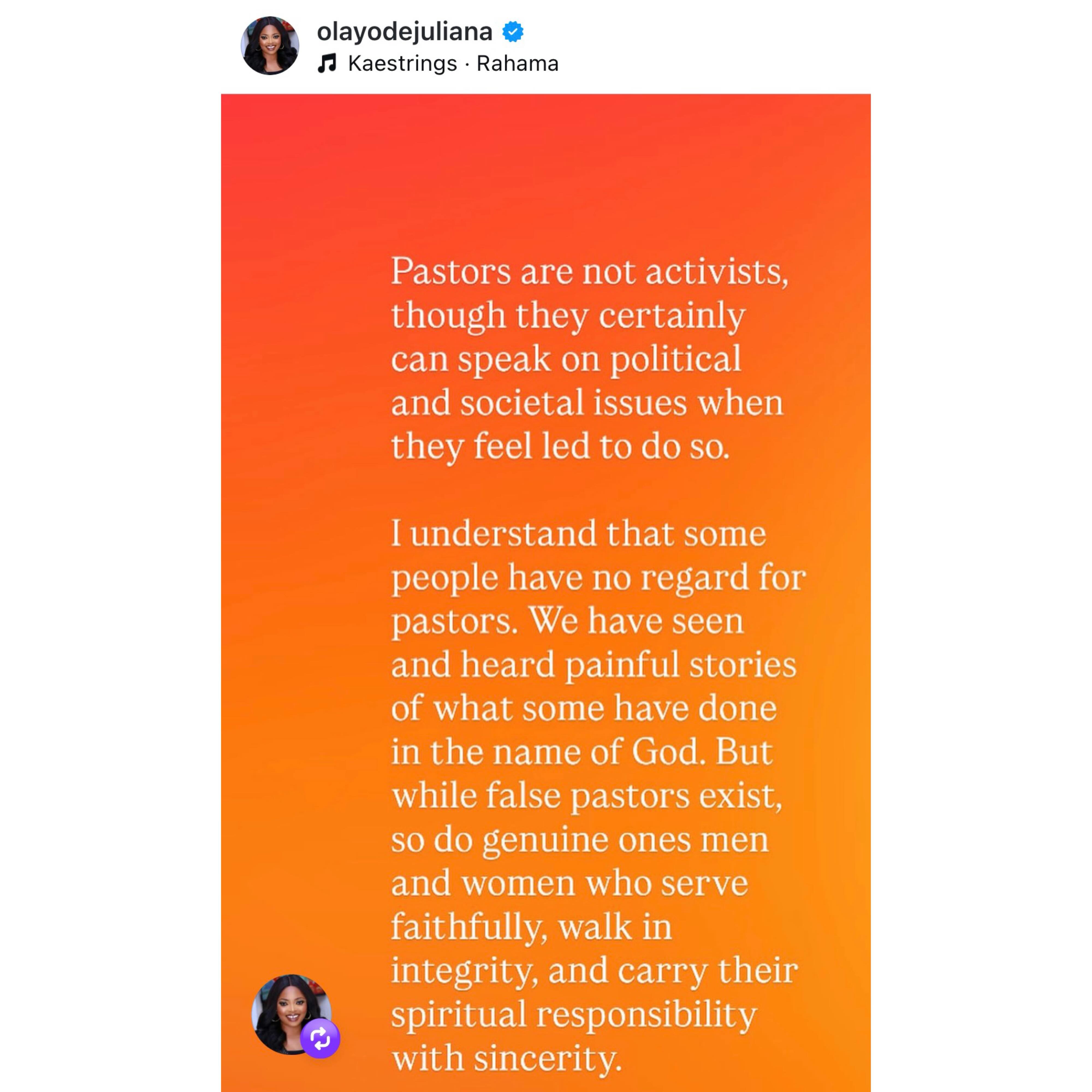 Insecurity: Pastors are not activists - Actress Juliana olayode knocks Spyro and others calling out Nigerian clergymen for not speaking up