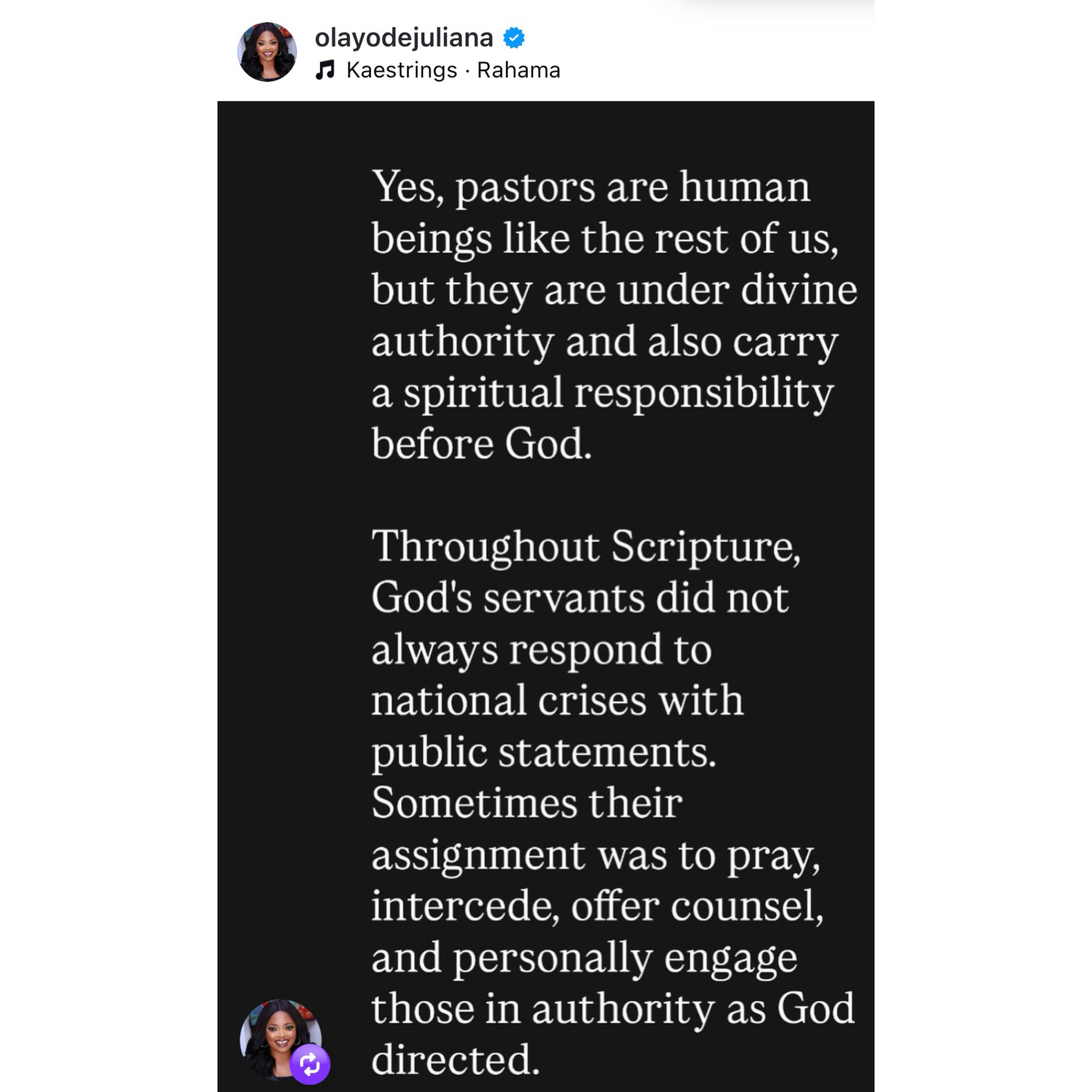 Insecurity: Pastors are not activists - Actress Juliana olayode knocks Spyro and others calling out Nigerian clergymen for not speaking up