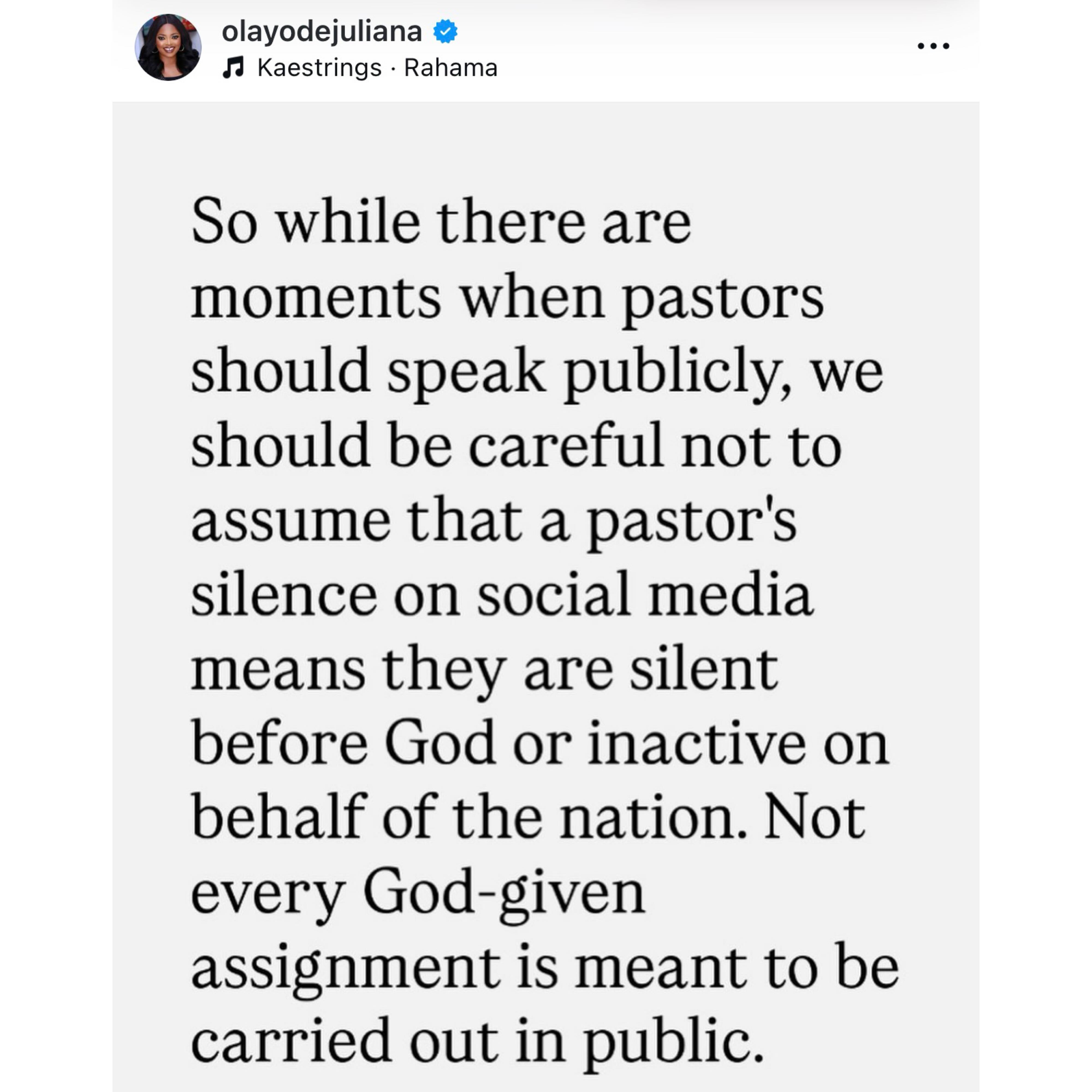 Insecurity: Pastors are not activists - Actress Juliana olayode knocks Spyro and others calling out Nigerian clergymen for not speaking up