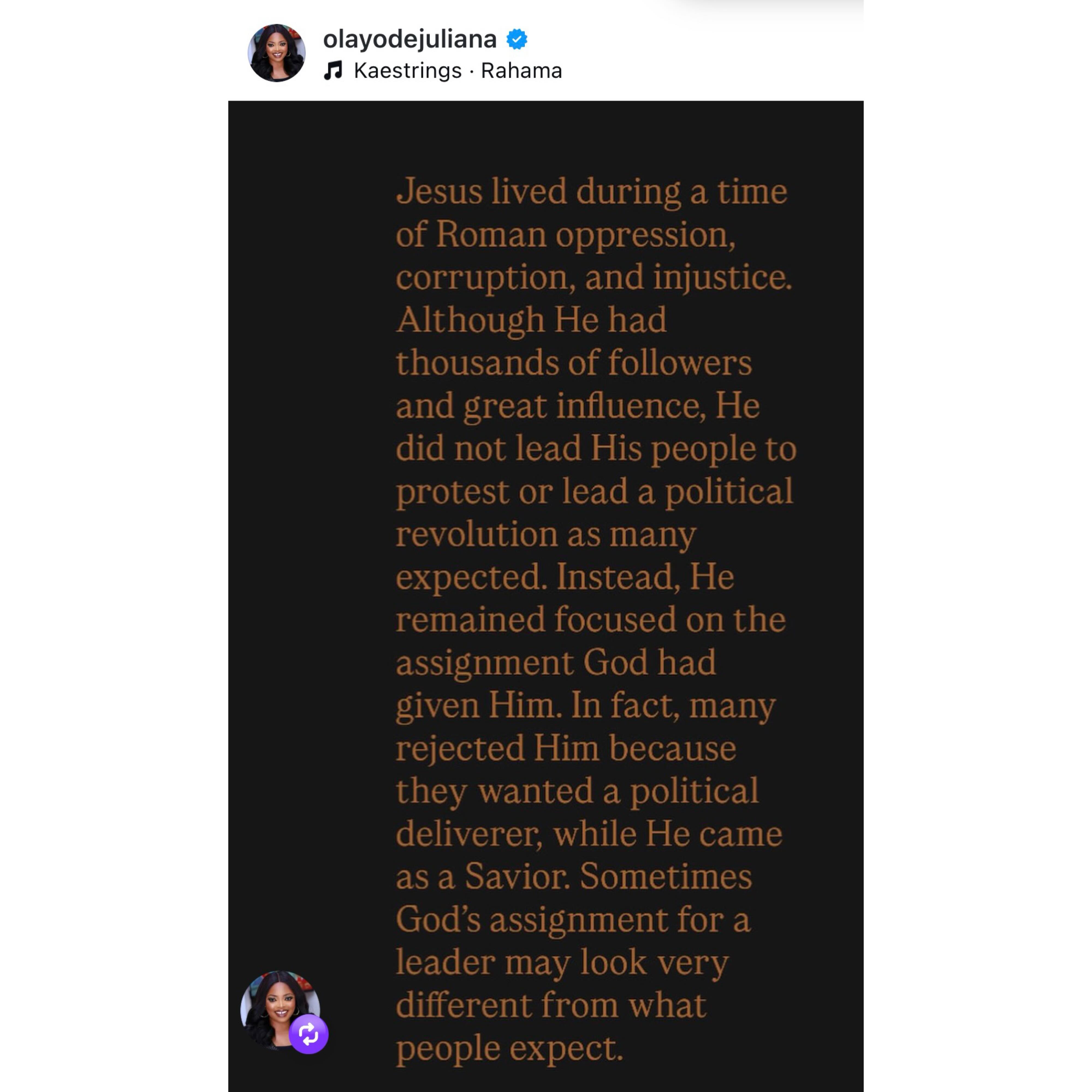 Insecurity: Pastors are not activists - Actress Juliana olayode knocks Spyro and others calling out Nigerian clergymen for not speaking up