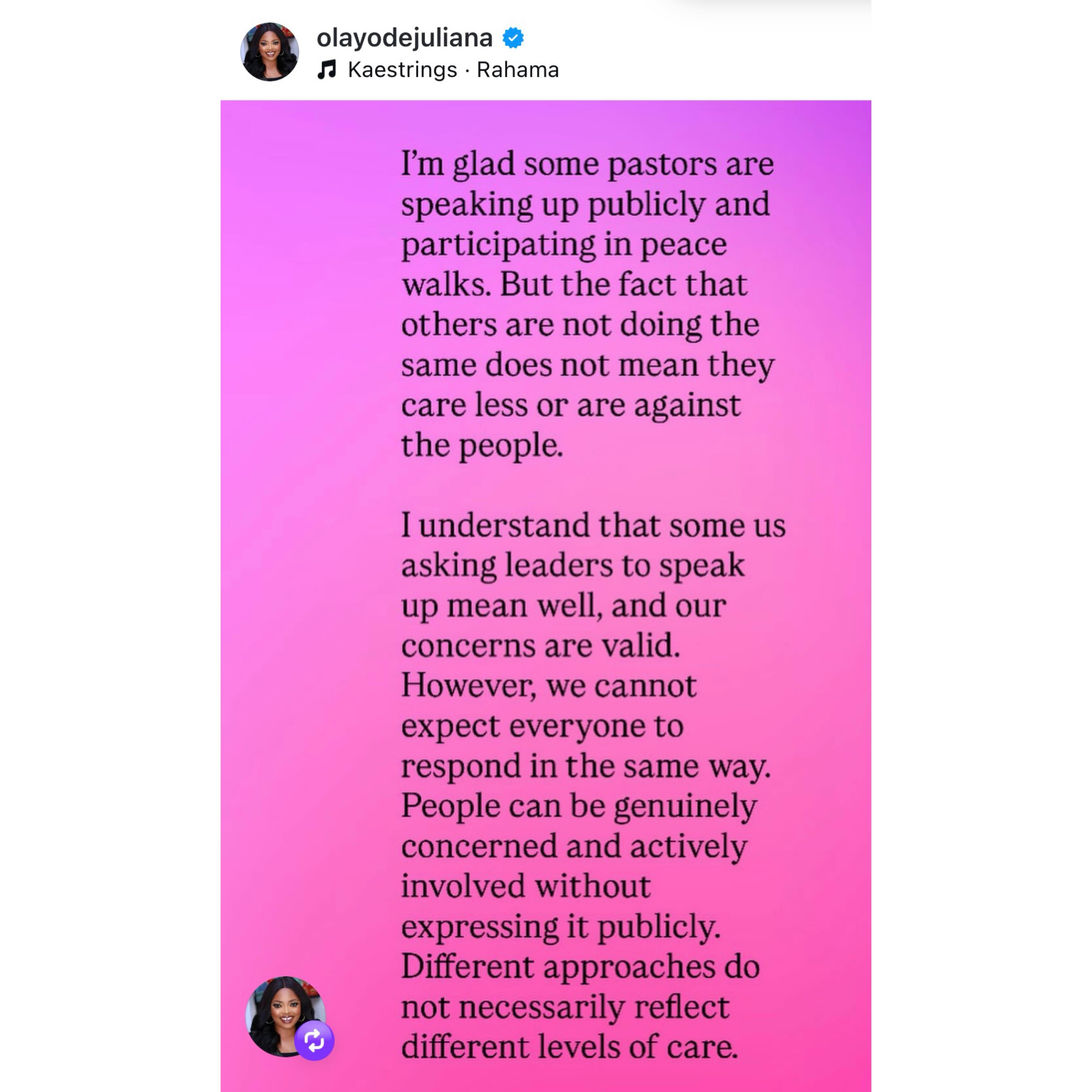 Insecurity: Pastors are not activists - Actress Juliana olayode knocks Spyro and others calling out Nigerian clergymen for not speaking up
