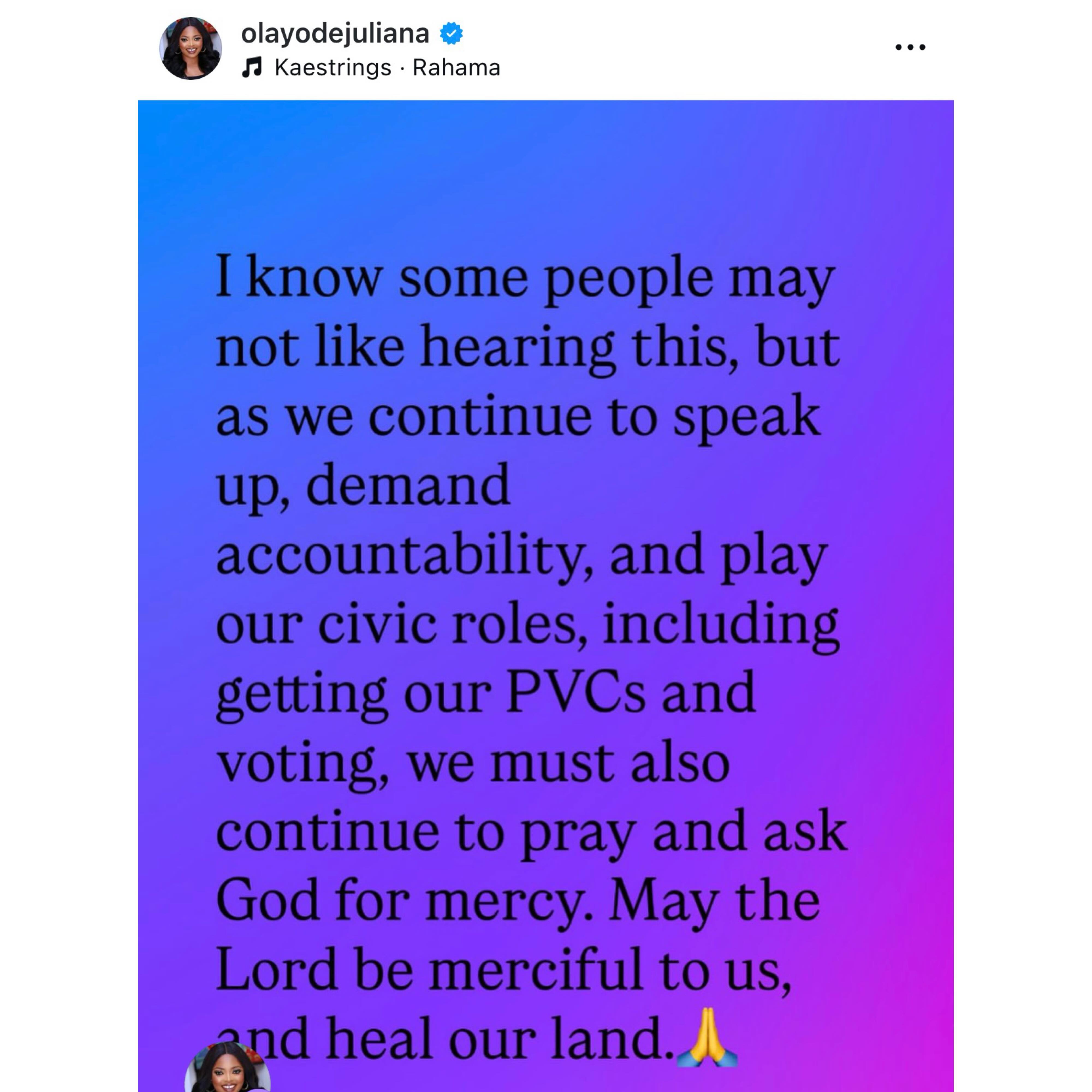 Insecurity: Pastors are not activists - Actress Juliana olayode knocks Spyro and others calling out Nigerian clergymen for not speaking up