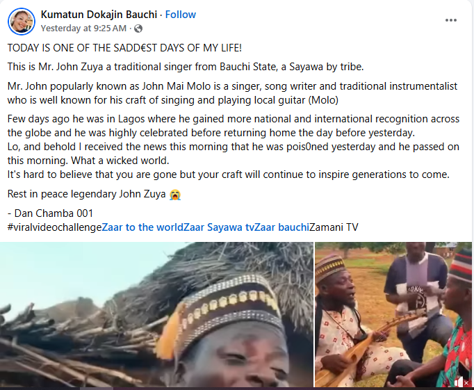 Popular Bauchi traditional singer d!es after alleged poisoning