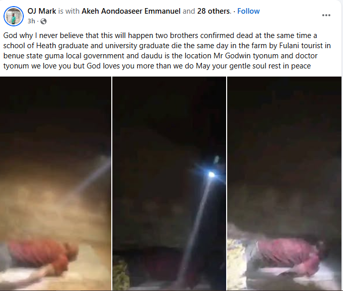 Suspected herdsmen k!ll fresh graduate and his brother in Benue farm attack