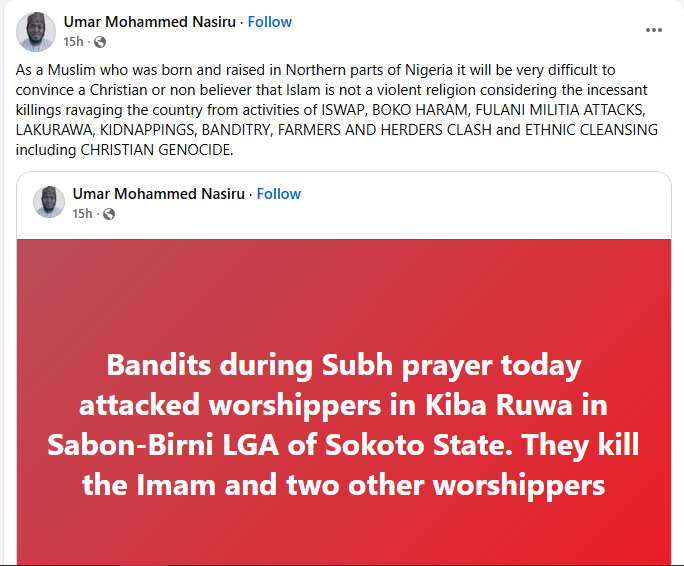 Insecurity: It will be very difficult to convince a Christian or non-believer that Islam is not a violent religion - Muslim man says
