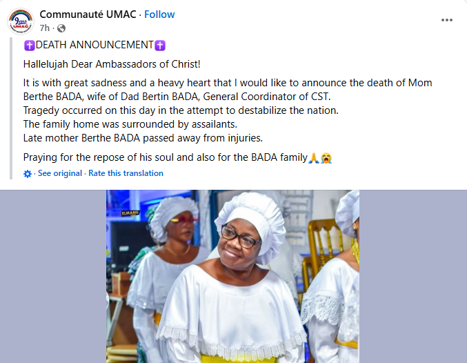 Wife of top military chief k!lled, daughter injured during attempted coup in Benin Republic