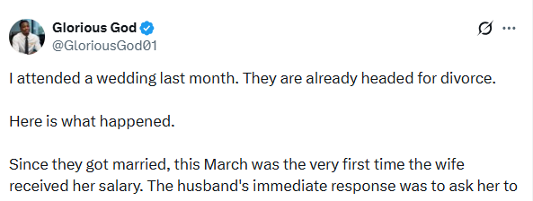 One month marriage heads for divorce after wife refused to surrender all her salary to her husband