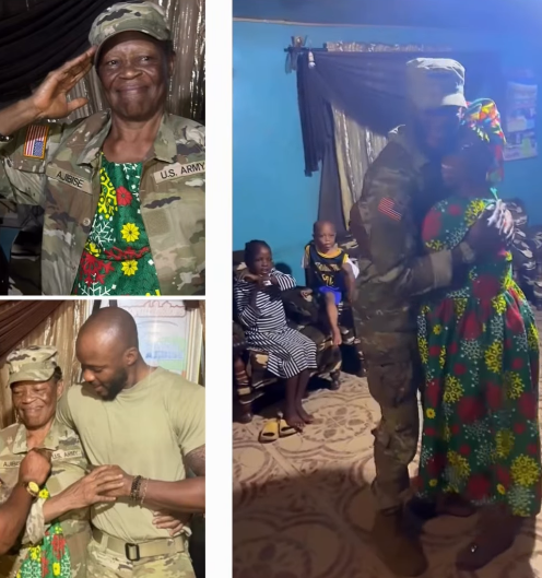 Heartwarming moment Nigerian mum reunites with her son seven years after he left home to join the US Army (video)