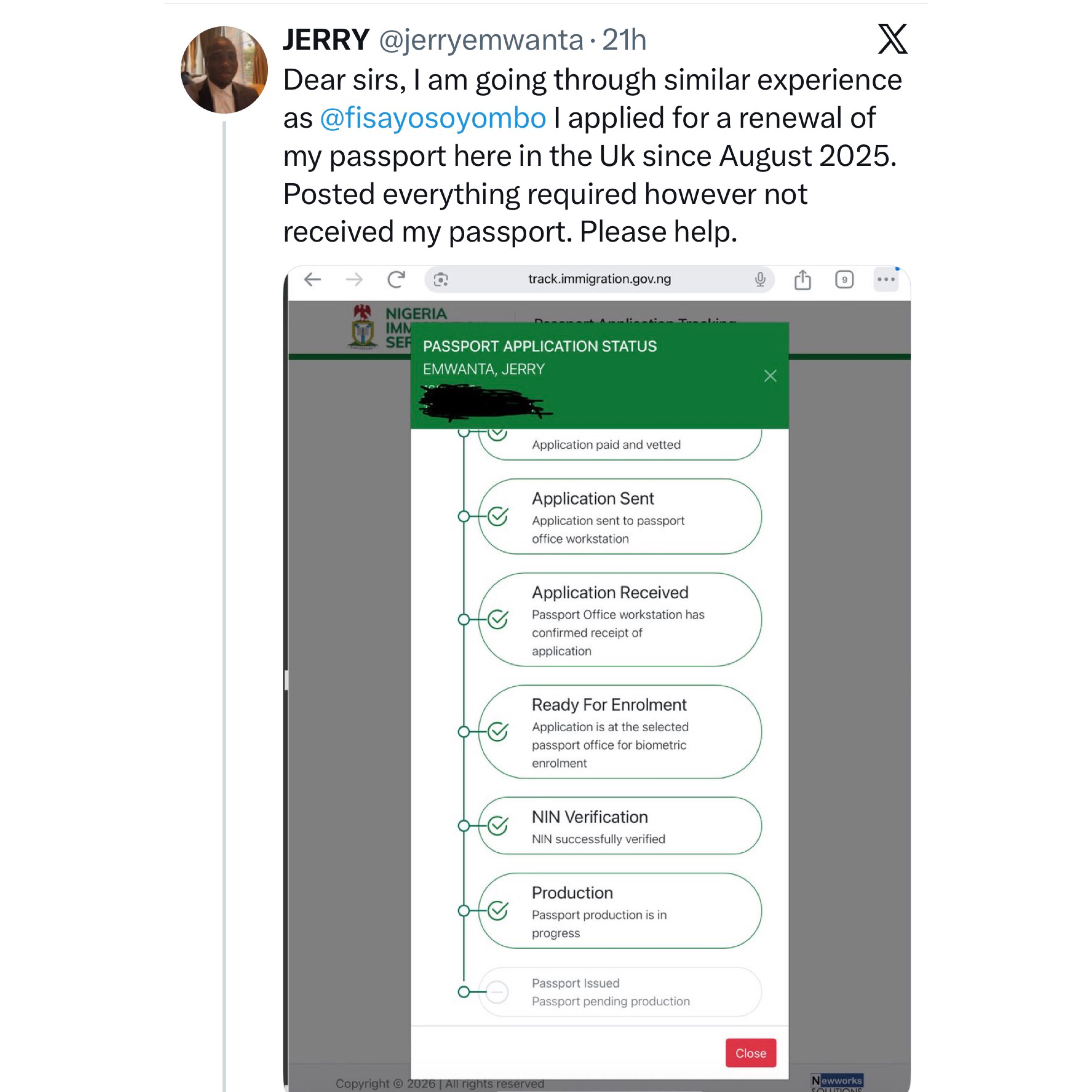 Nigeria Immigration Service responds after journalist Fisayo Soyombo called out the Minister of Interior for failing to revolutionize passport issuance