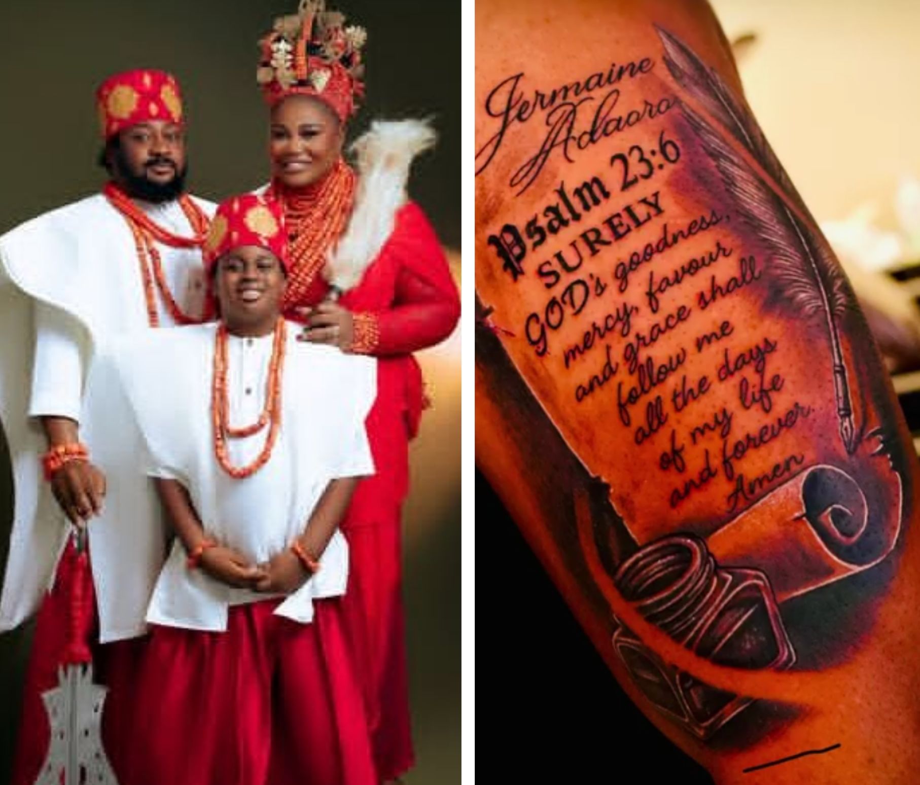 Nollywood actress, Adaora Ukoh's husband tattoos her name and their son's on his arm (video)