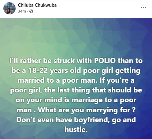 I?d rather be struck with Polio than to be a poor young girl getting married to a poor man - Nigerian woman says