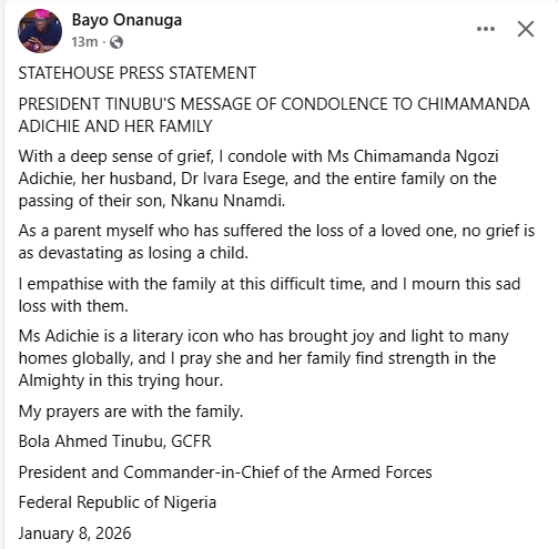 President Tinubu commiserates with Chimamanda Adichie and family over son's d3ath