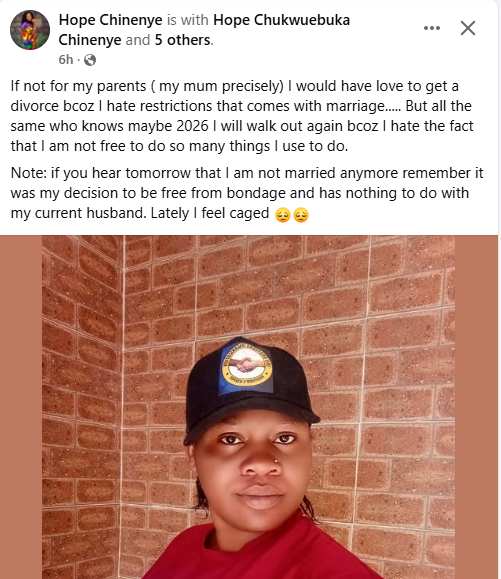 If not for my parents I would have loved to get a divorce because I hate restrictions that comes with marriage - Nigerian woman says