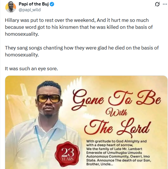 His kinsmen sang songs chanting how they were glad he d!ed  - X user reveals what allegedly transpired during burial of g@y man k!lled by h0m0phobic men in Port Harcourt