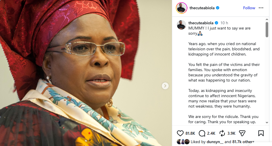 Skitmaker, Cute Abiola tenders apology to Patience Jonathan on behalf of Nigerians to Patience Jonathan over the humiliation she faces since 2014 Chibok Outcry