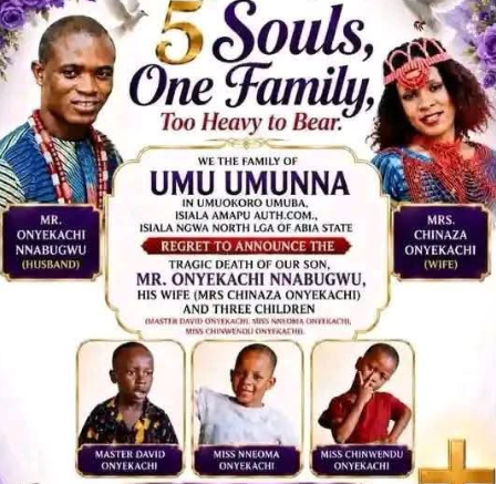 Couple and three children who d!ed mysteriously in Abia laid to rest