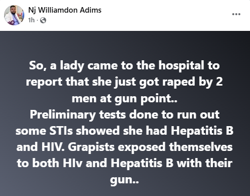 Nigerian doctor reveals that two men may have contracted HIV and Hepatitis B from a lady they r@ped at gunpoint
