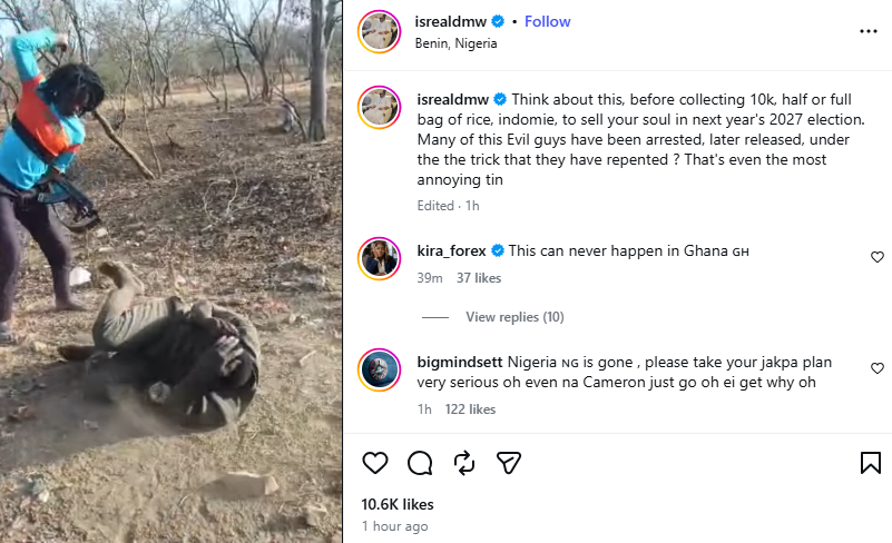 Israel DMW warns Nigerians against selling their votes as he shares video of terrorists tortur!ng victim