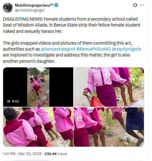 Outrage as video of secondary school students in Benue state str!ping their classmate surfaces online