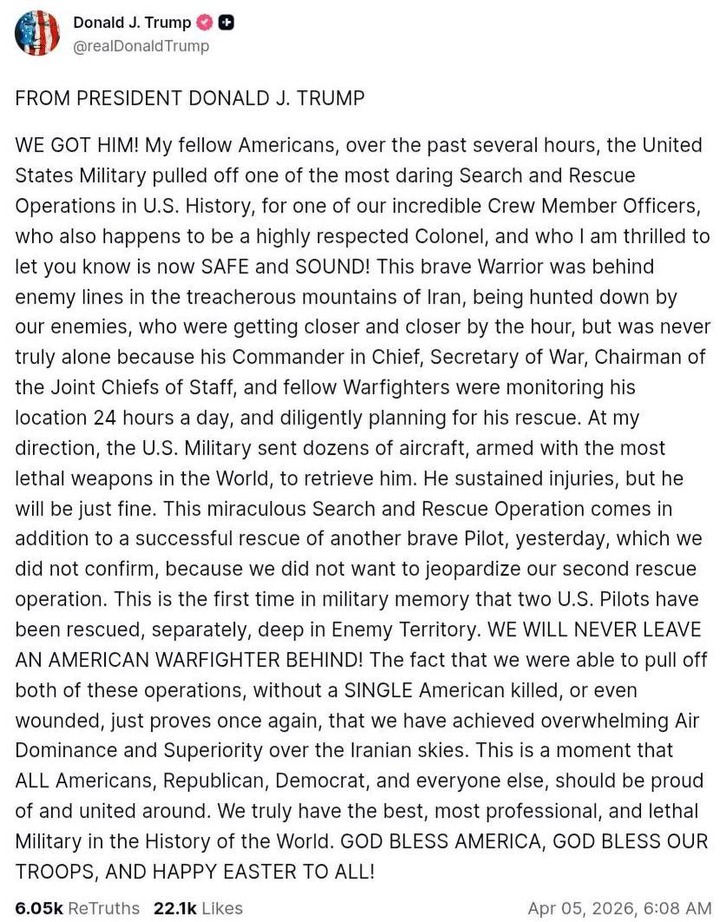 Missing US crew member of F-15E jet downed by Iran recused