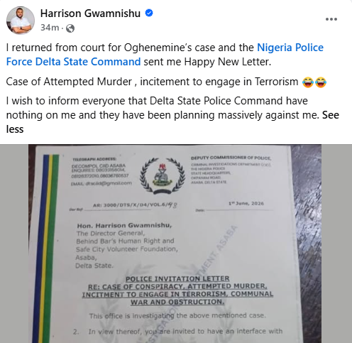 Activist, Harrison Gwamnishu reacts after Delta police command invited him for questioning over Attempted M&rder and terror!sm allegations