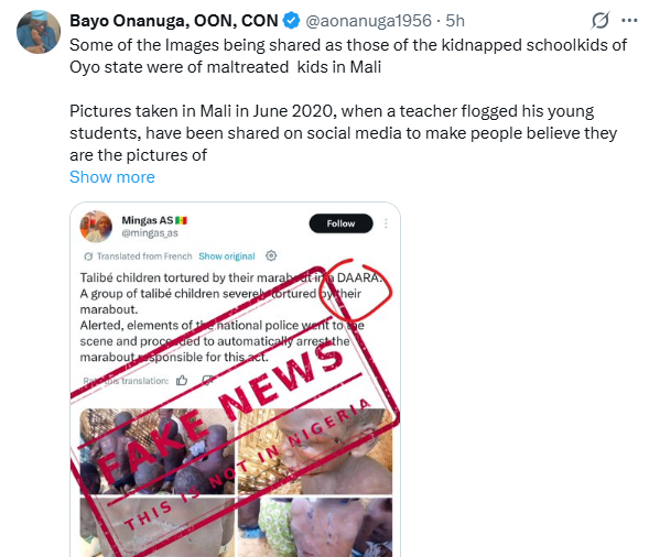 Viral photos of scarred children are from Mali, not abducted Oyo pupils - Presidency