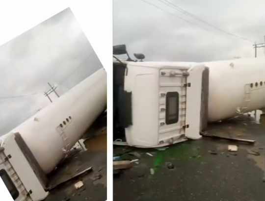 Empty gas tanker falls on Lagos road (video)