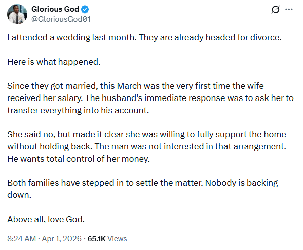One month marriage heads for divorce after wife refused to surrender all her salary to her husband
