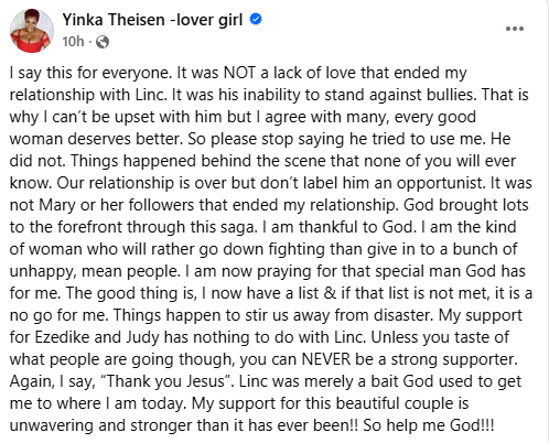 It was not a lack of love that ended my relationship with Linc. It was his inability to stand against bullies - Yinka Theisen