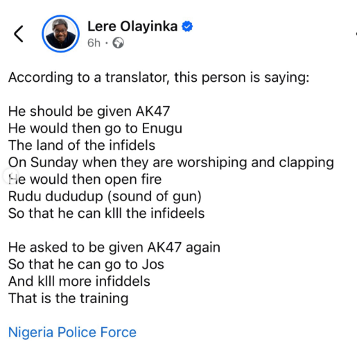 Lere olayinka alerts DSS, Police over video of alleged threats against christians in Jos, Enugu